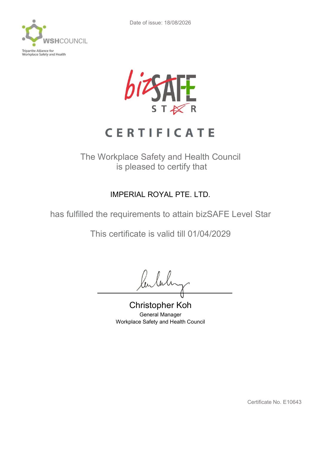 bizSAFE Star certificate issued to Imperial Royal Pte Ltd