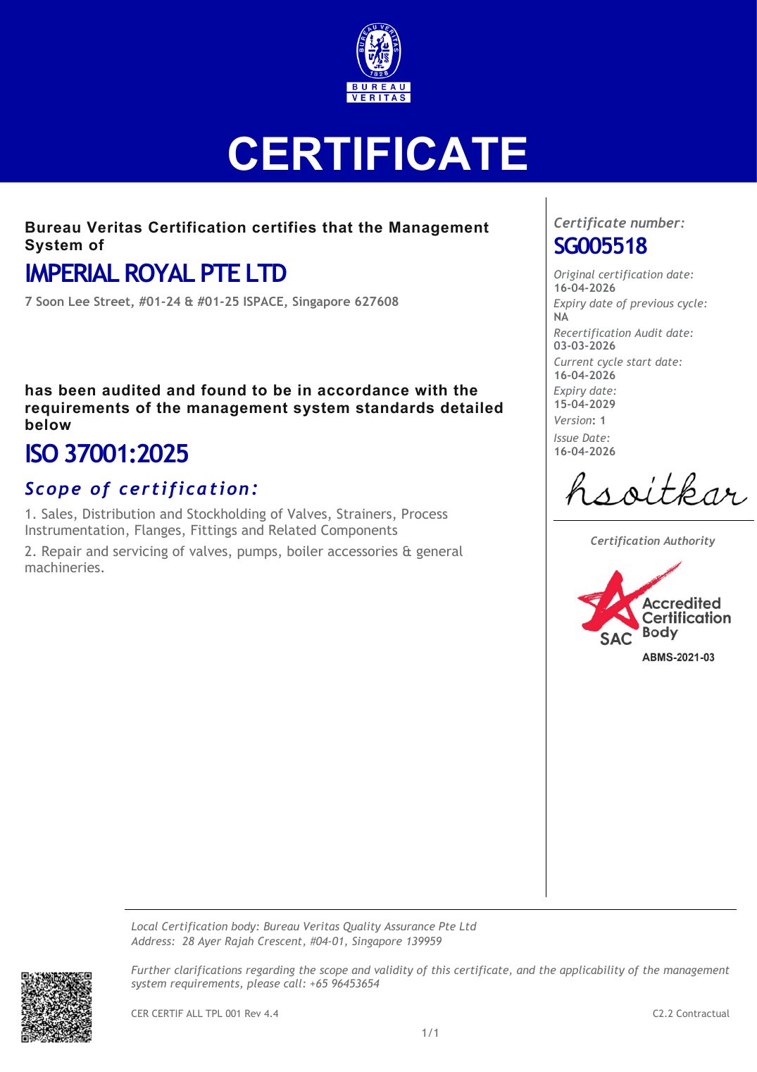 ISO 37001:2025 certificate issued to Imperial Royal Pte Ltd
