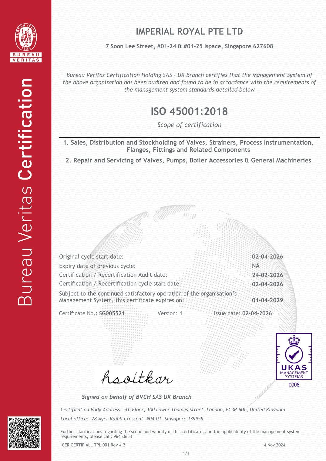 ISO 45001:2018 certificate issued to Imperial Royal Pte Ltd
