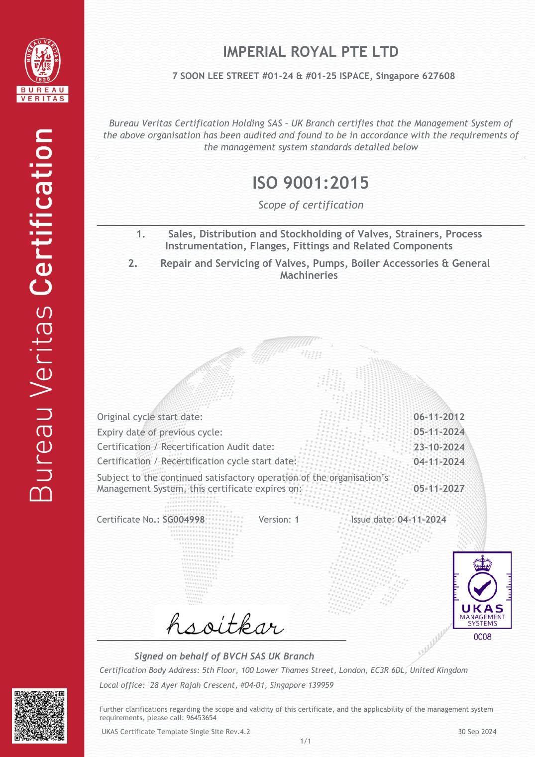 ISO 9001:2015 certificate issued to Imperial Royal Pte Ltd