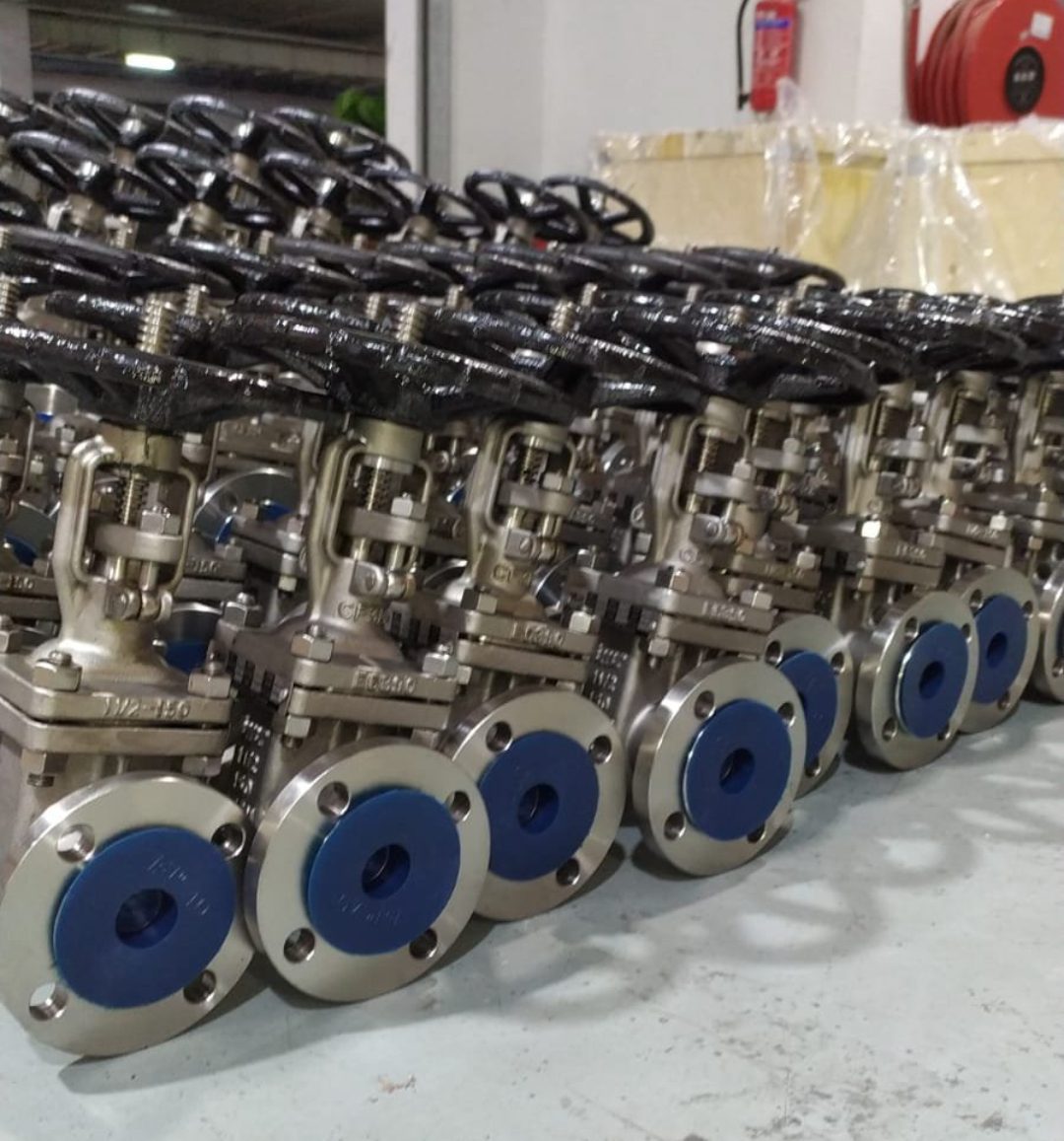 Rows of stainless steel flanged gate valves in stock